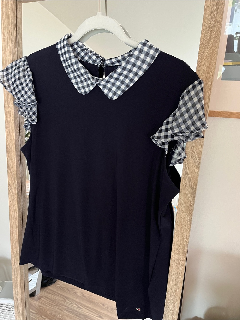 Tommy Hilfiger Navy Blouse with Gingham Collar and Ruffle Sleeves